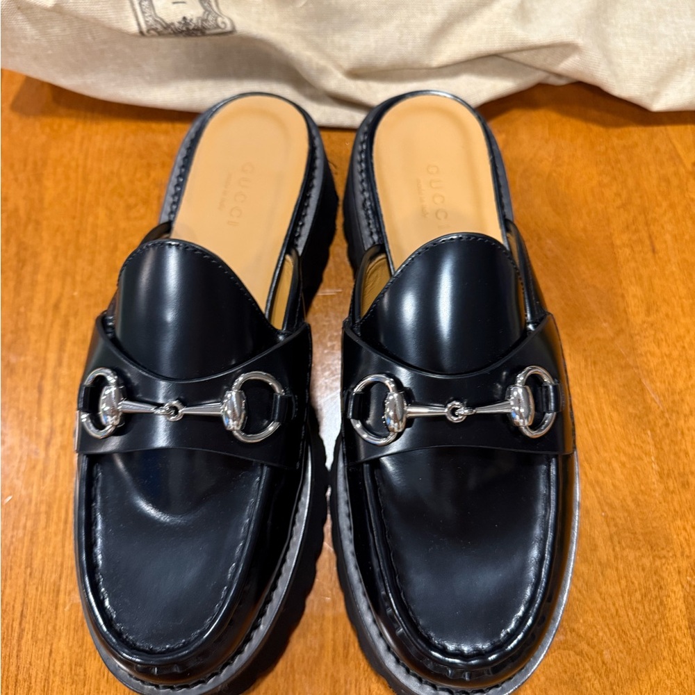 Gucci Black Leather Mules with Horsebit Detail
